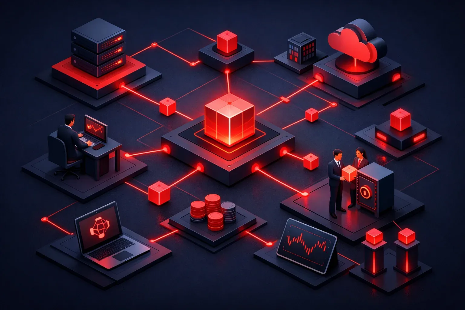 Illustration of a corporate blockchain network in TRON colors.