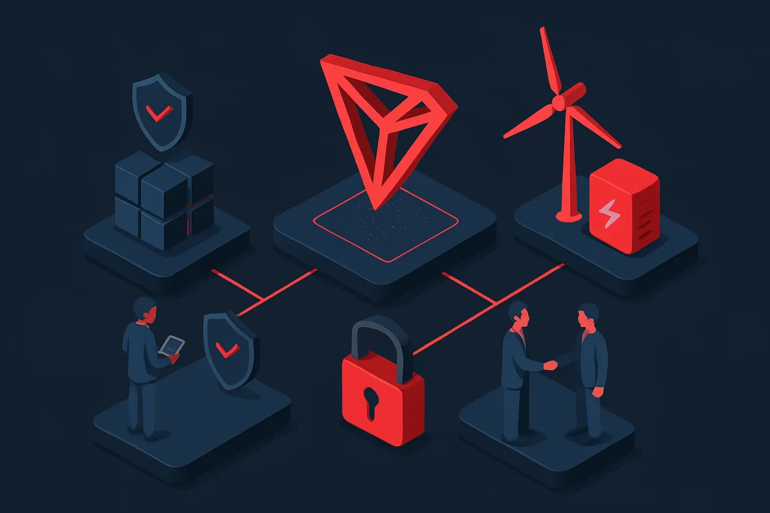 Illustration showing TRON blockchain energy rental process with security icons.