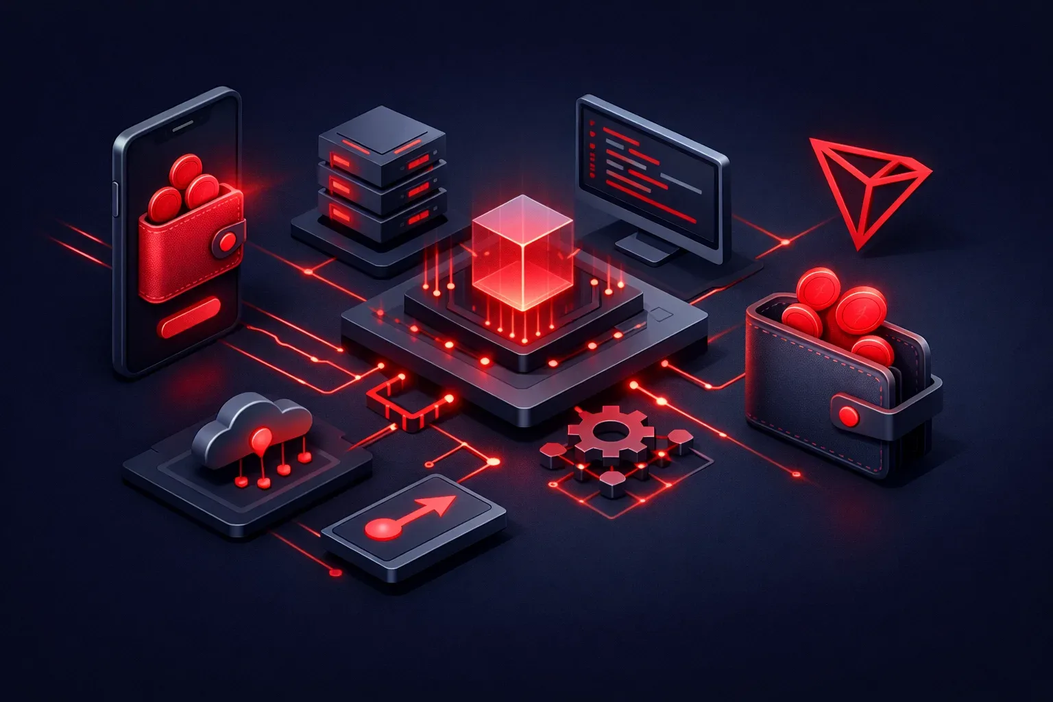 Illustration showing TRON wallet API being integrated into a blockchain project