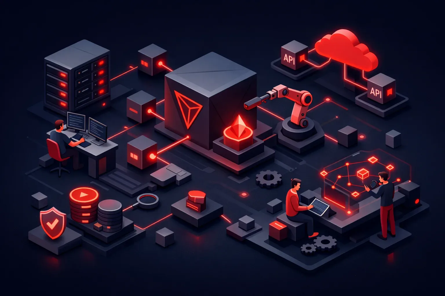 Illustration of TRON blockchain and APIs in a tech setting