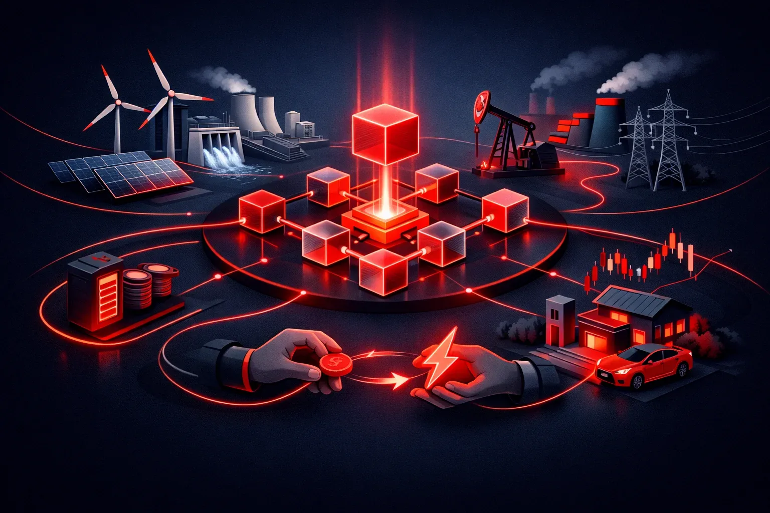 Illustration of TRON energy market dynamics with blockchain elements