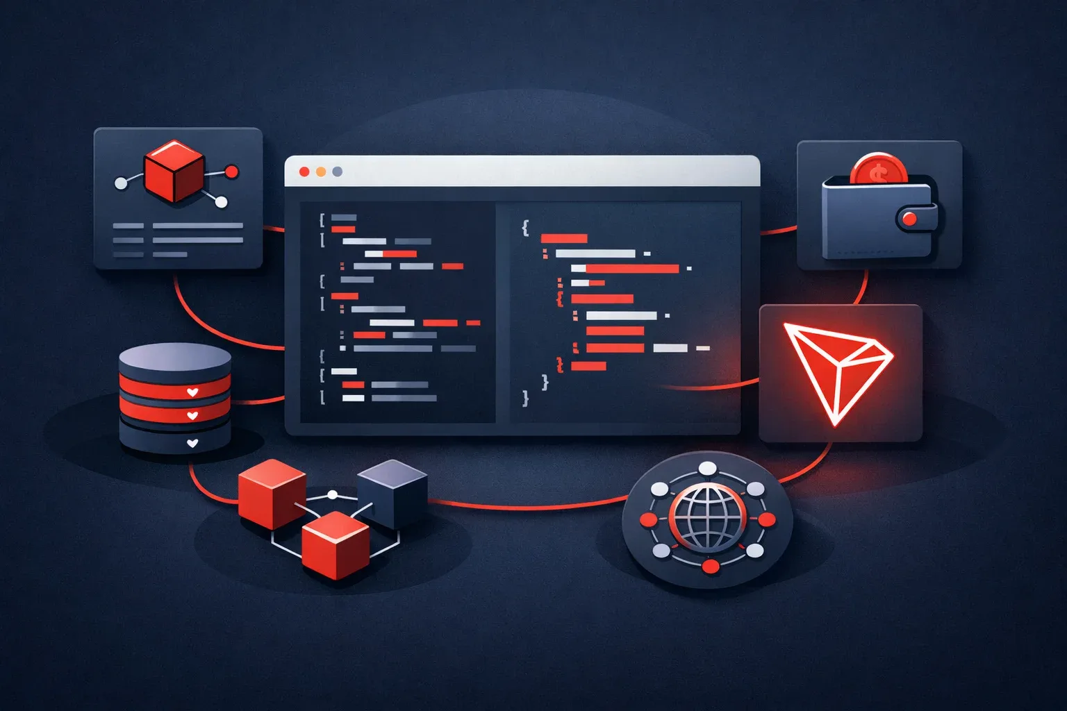Flat design illustrating TRON API integration with code snippets.